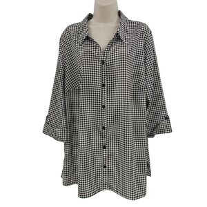 Catherines Shirt Womens 1X 18/20W Black‎ White Houndstooth Button Front Tunic